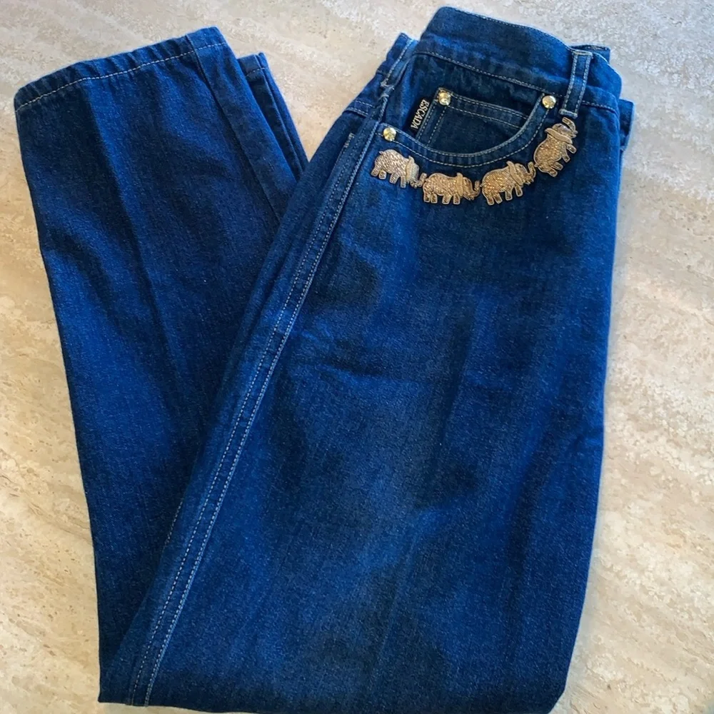 ESCADA jeans, 4 embroidered gold elephants on pockets, blue denim. 40 - Picture 10 of 17